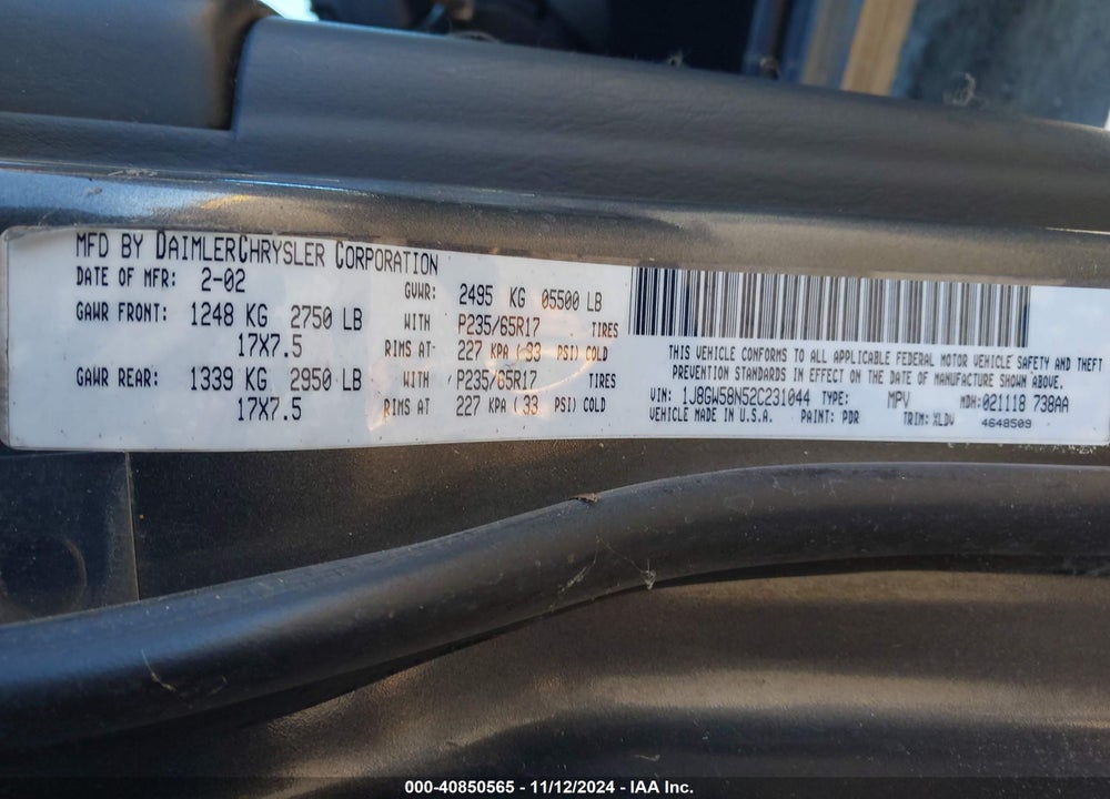 2002 JEEP GRAND CHEROKEE LIMITED VIN: 1J8GW58N52C231044
