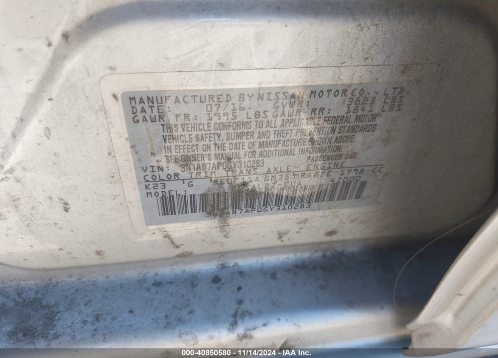 2016 NISSAN SENTRA VIN: 3N1AB7AP0GY310283
