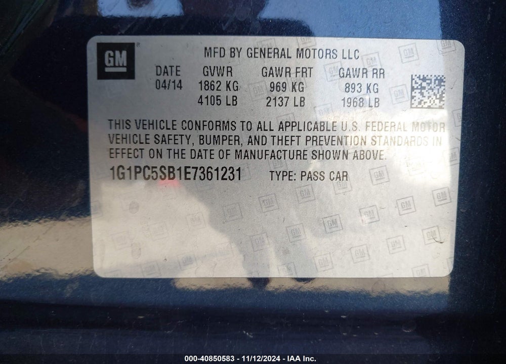2014 CHEVROLET CRUZE 1LT AUTO VIN: 1G1PC5SB1E7361231
