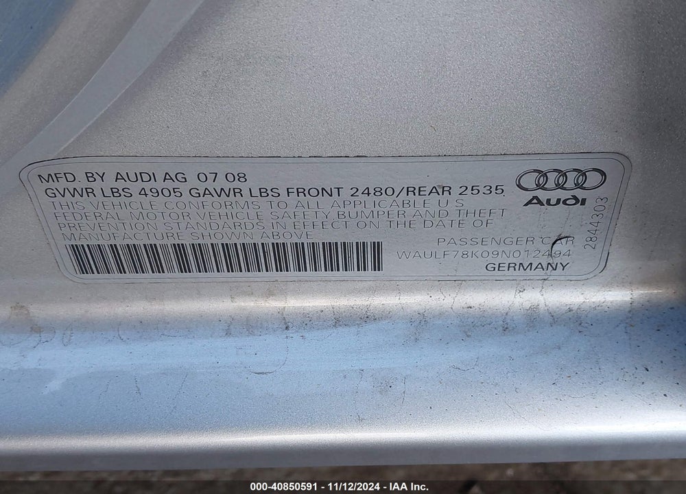 2009 AUDI A4 2.0T PREMIUM VIN: WAULF78K09N012494