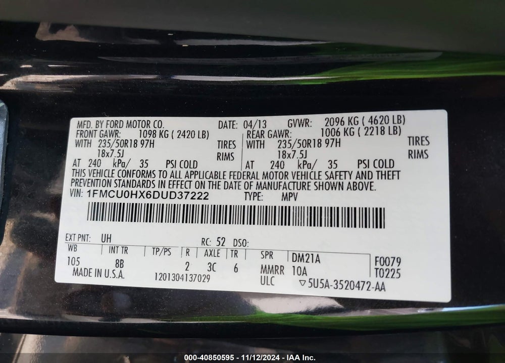 2013 FORD ESCAPE SEL VIN: 1FMCU0HX6DUD37222