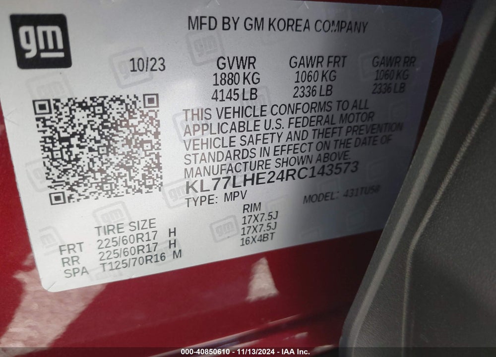 2024 CHEVROLET TRAX VIN: KL77LHE24RC143573
