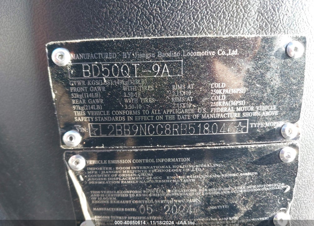 2024 XPRO MAUI 50CC MOPED SCOOTER VIN: L2BB9NCC8RR518046