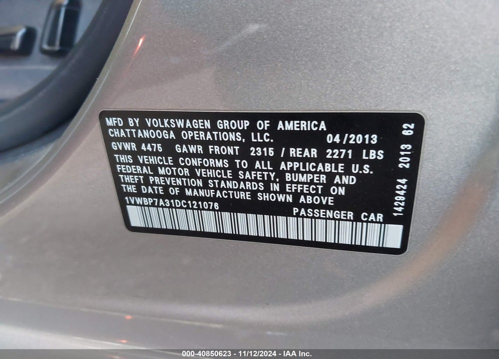2013 VOLKSWAGEN PASSAT 2.5L SE VIN: 1VWBP7A31DC121076