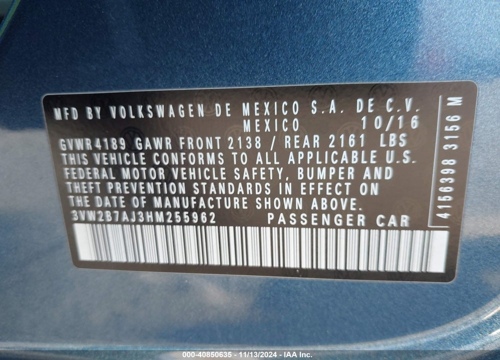 2017 VOLKSWAGEN JETTA 1.4T S VIN: 3VW2B7AJ3HM255962