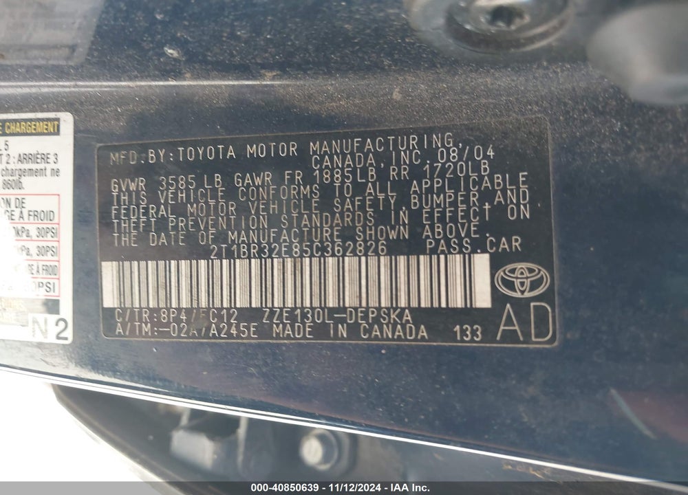2005 TOYOTA COROLLA S VIN: 2T1BR32E85C362826