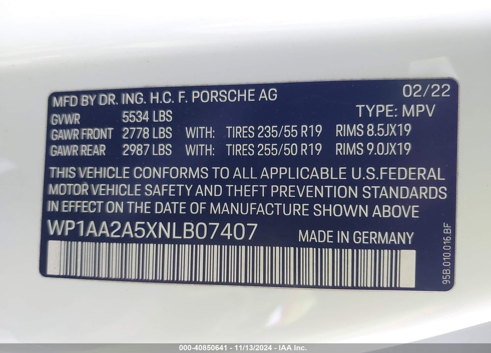 2022 PORSCHE MACAN VIN: WP1AA2A5XNLB07407