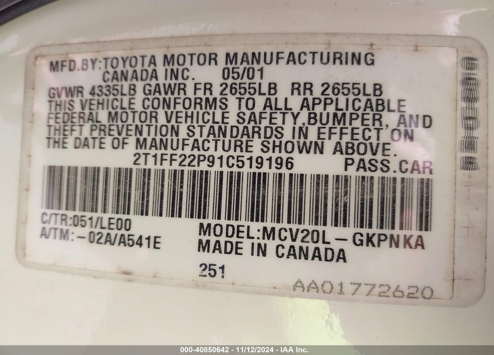 2001 TOYOTA CAMRY SOLARA SLE V6 VIN: 2T1FF22P91C519196