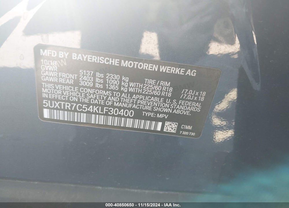 2019 BMW X3 SDRIVE30I VIN: 5UXTR7C54KLF30400