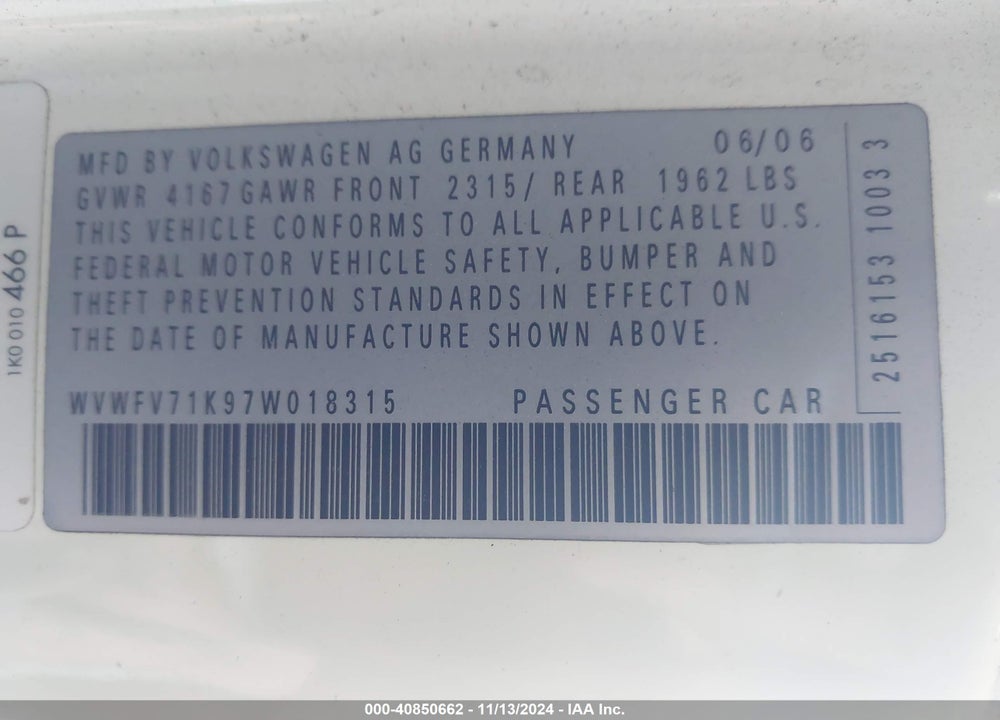 2007 VOLKSWAGEN GTI 2-DOOR/FAHRENHEIT VIN: WVWFV71K97W018315
