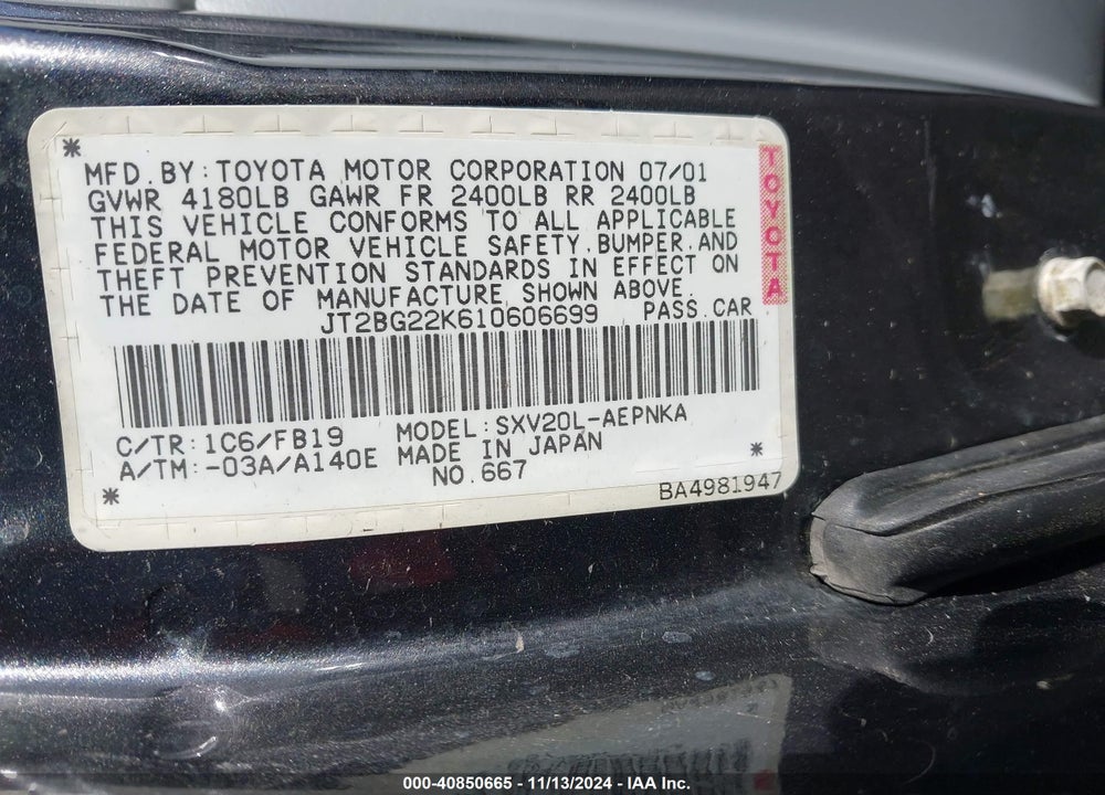 2001 TOYOTA CAMRY LE VIN: JT2BG22K610606699