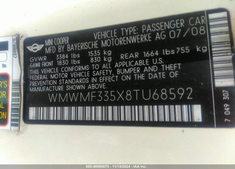 2008 MINI COOPER VIN: WMWMF335X8TU68592