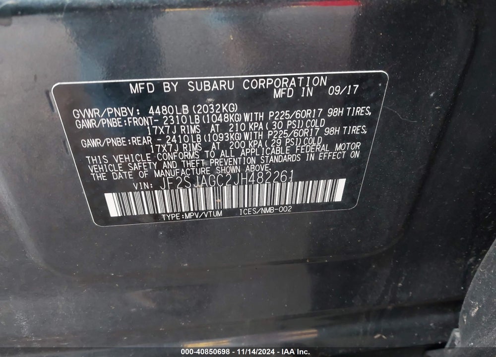 2018 SUBARU FORESTER 2.5I PREMIUM VIN: JF2SJAGC2JH482261