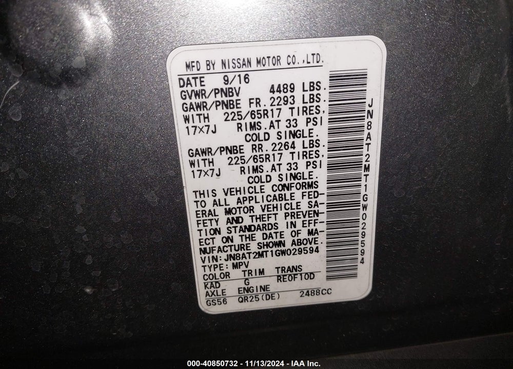 2016 NISSAN ROGUE S VIN: JN8AT2MT1GW029594