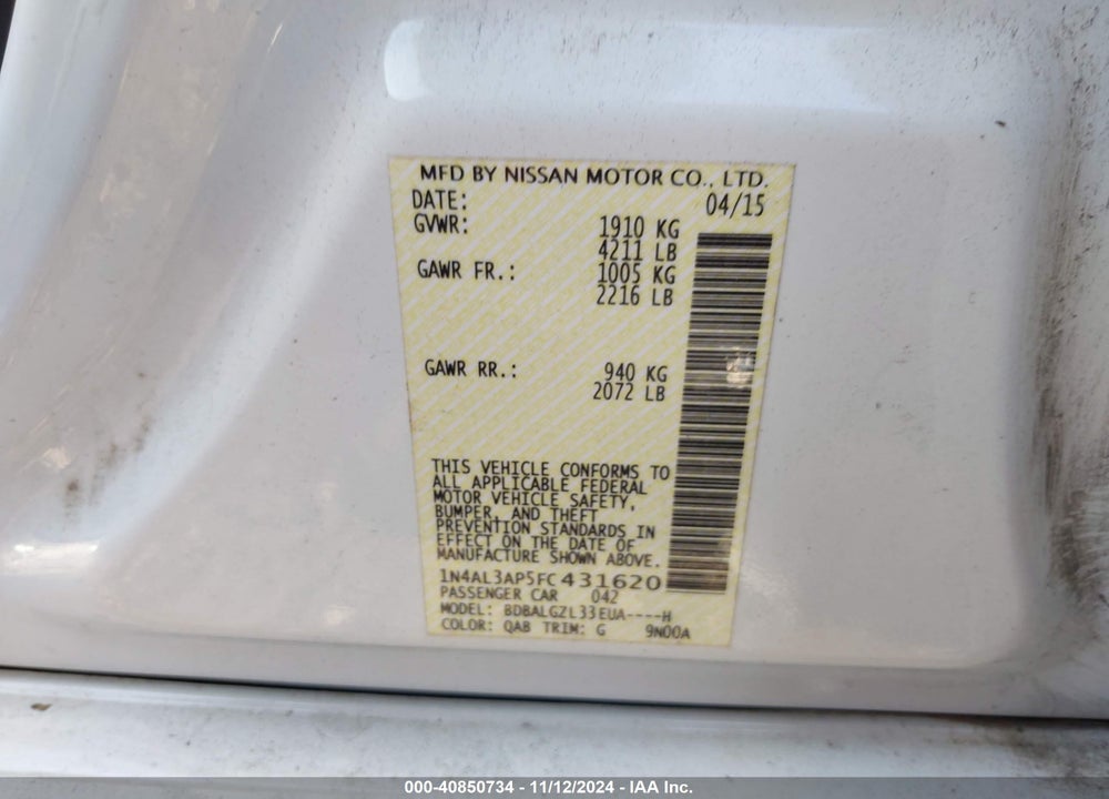2015 NISSAN ALTIMA 2.5 S VIN: 1N4AL3AP5FC431620