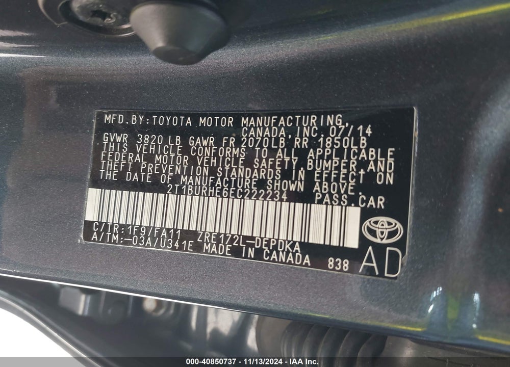 2014 TOYOTA COROLLA L VIN: 2T1BURHE6EC222234
