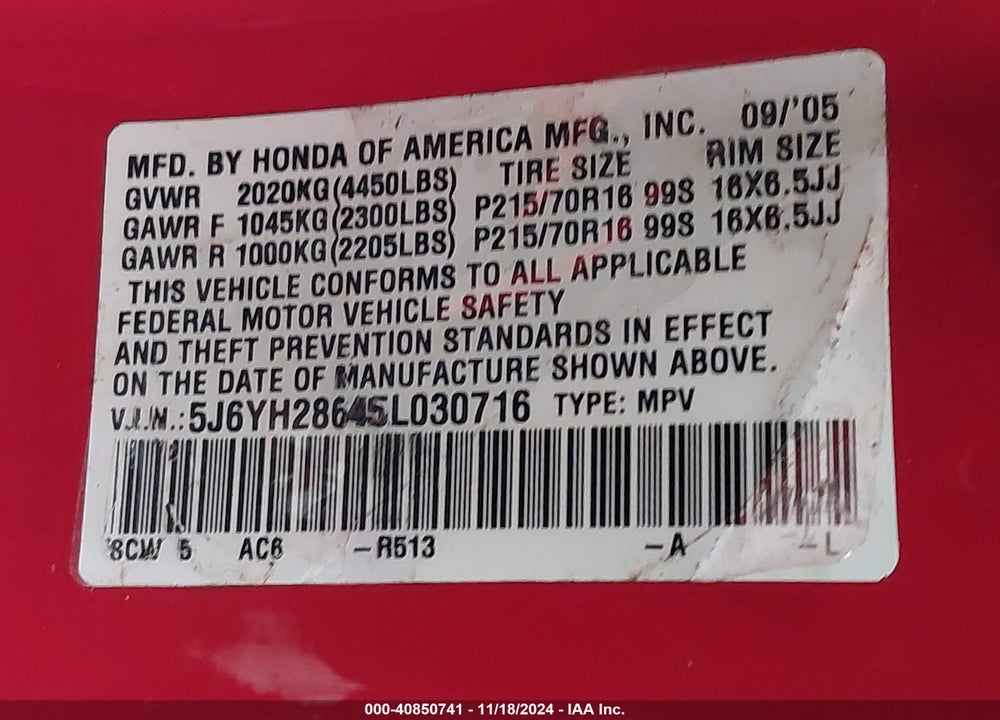 2005 HONDA ELEMENT EX VIN: 5J6YH28645L030716