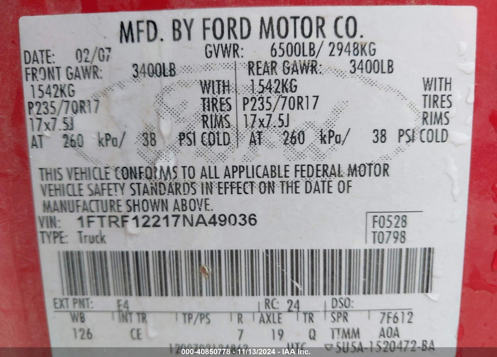 2007 FORD F-150 STX/XL/XLT VIN: 1FTRF12217NA49036