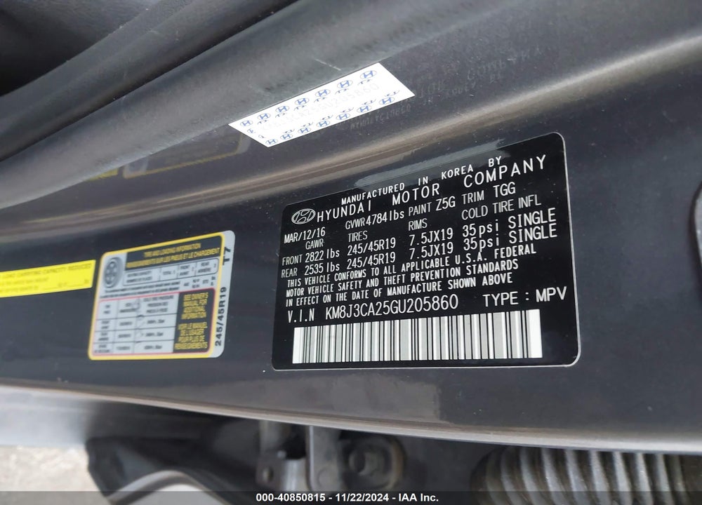 2016 HYUNDAI TUCSON SPORT VIN: KM8J3CA25GU205860