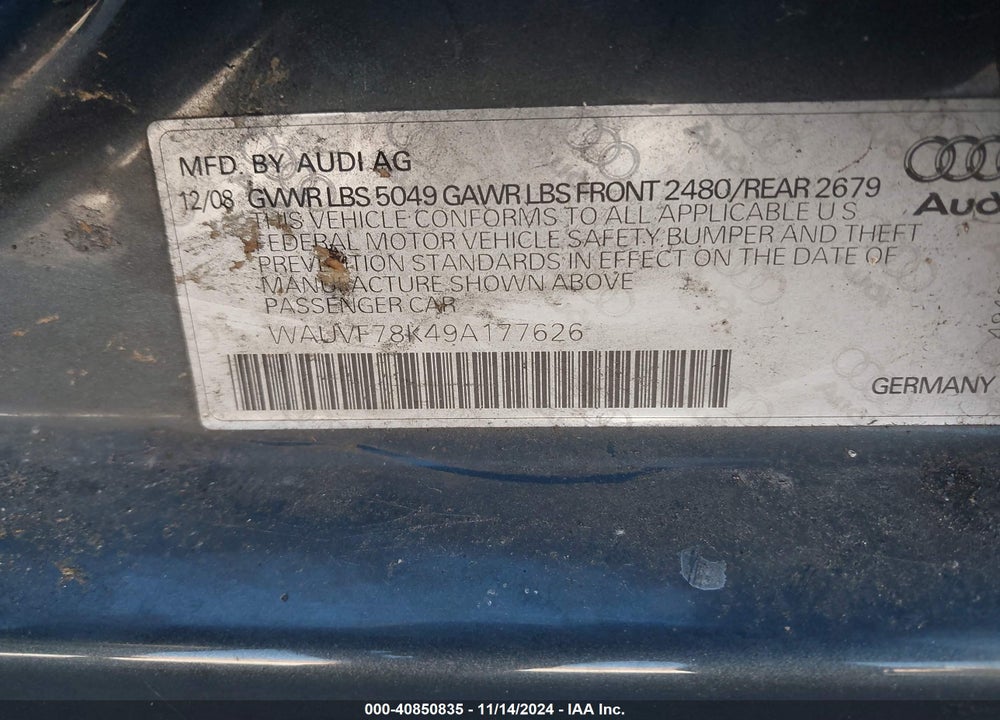2009 AUDI A4 2.0T AVANT VIN: WAUVF78K49A177626