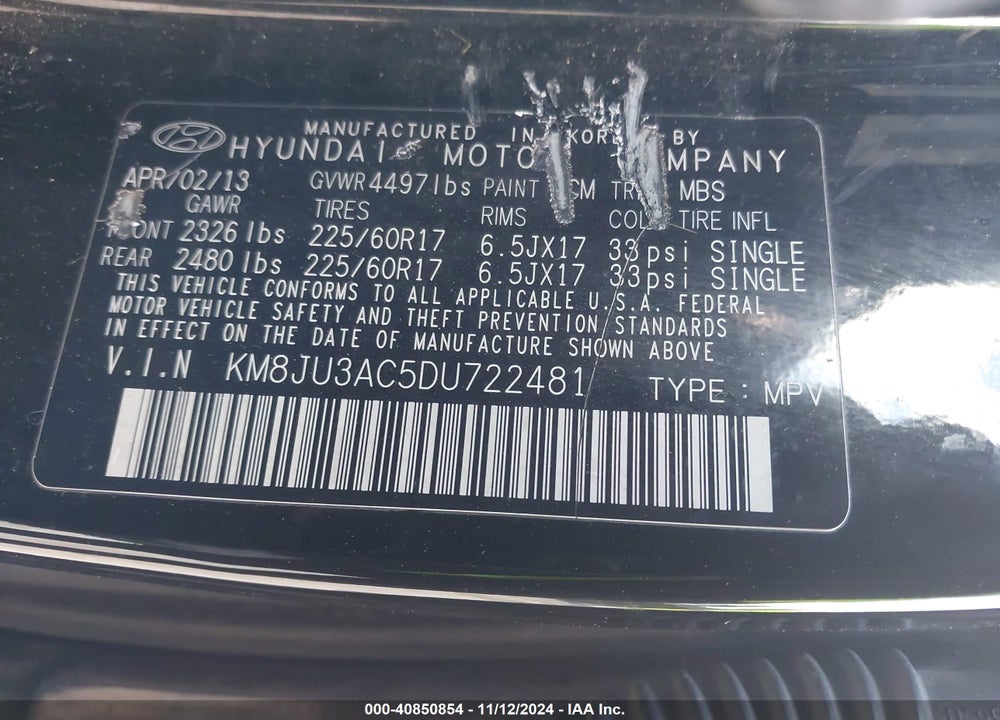 2013 HYUNDAI TUCSON GLS VIN: KM8JU3AC5DU722481