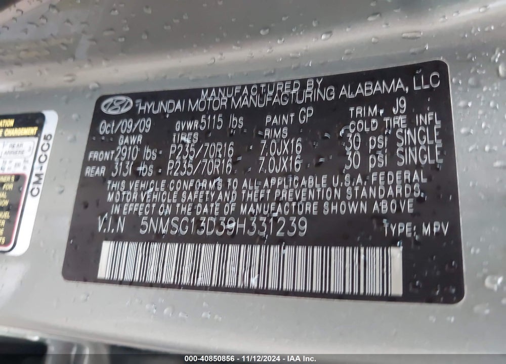 2009 HYUNDAI SANTA FE GLS VIN: 5NMSG13D39H331239