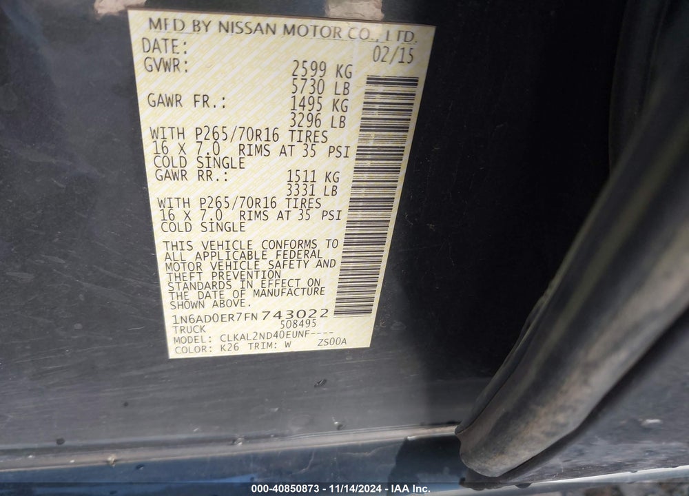 2015 NISSAN FRONTIER SV VIN: 1N6AD0ER7FN743022