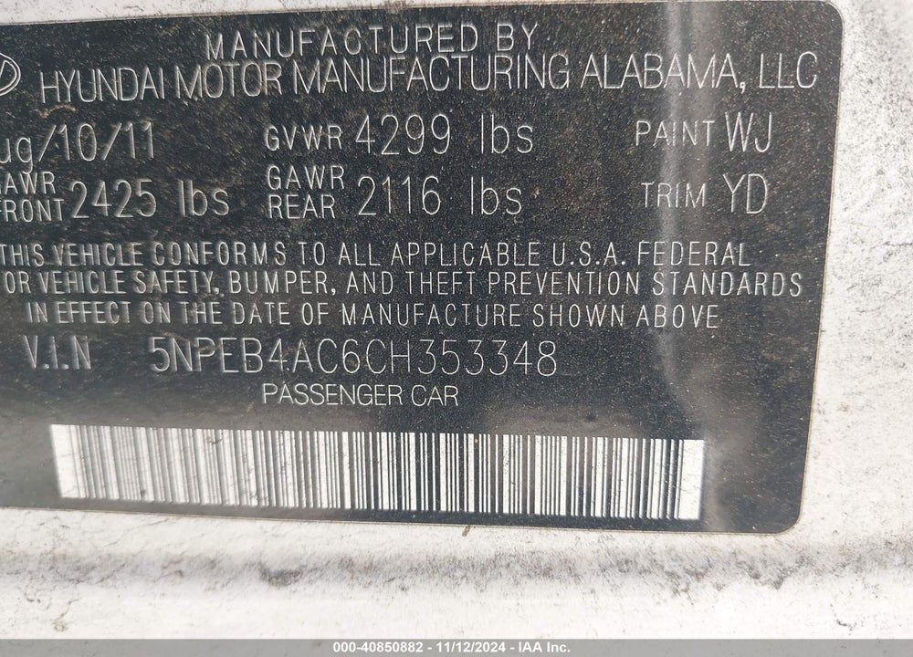 2012 HYUNDAI SONATA GLS VIN: 5NPEB4AC6CH353348
