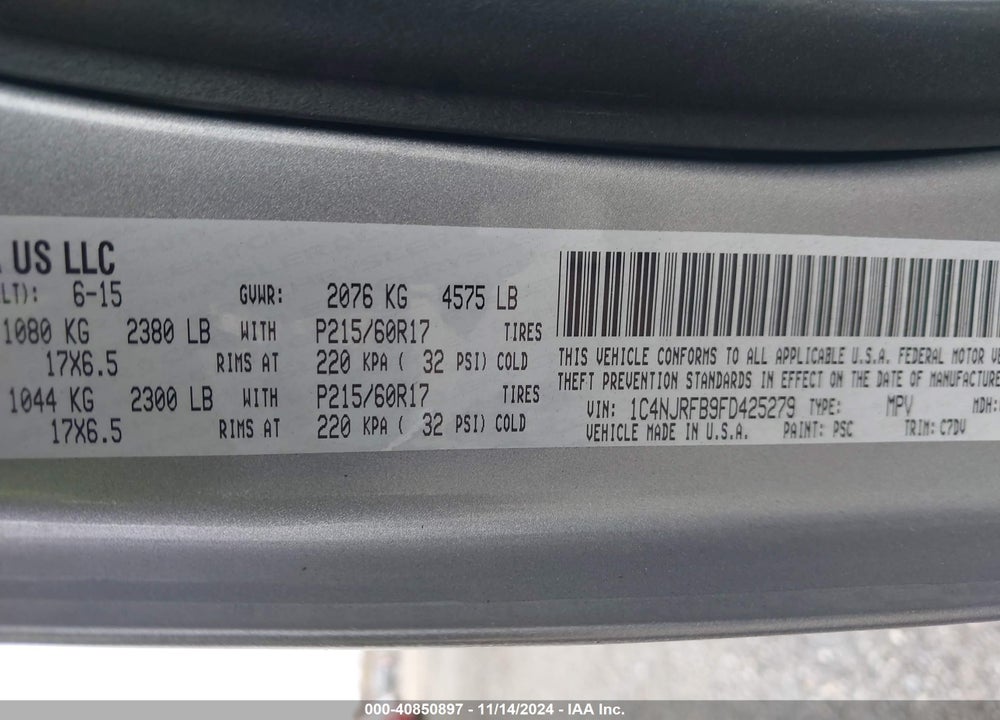 2015 JEEP PATRIOT VIN: 1C4NJRFB9FD425279
