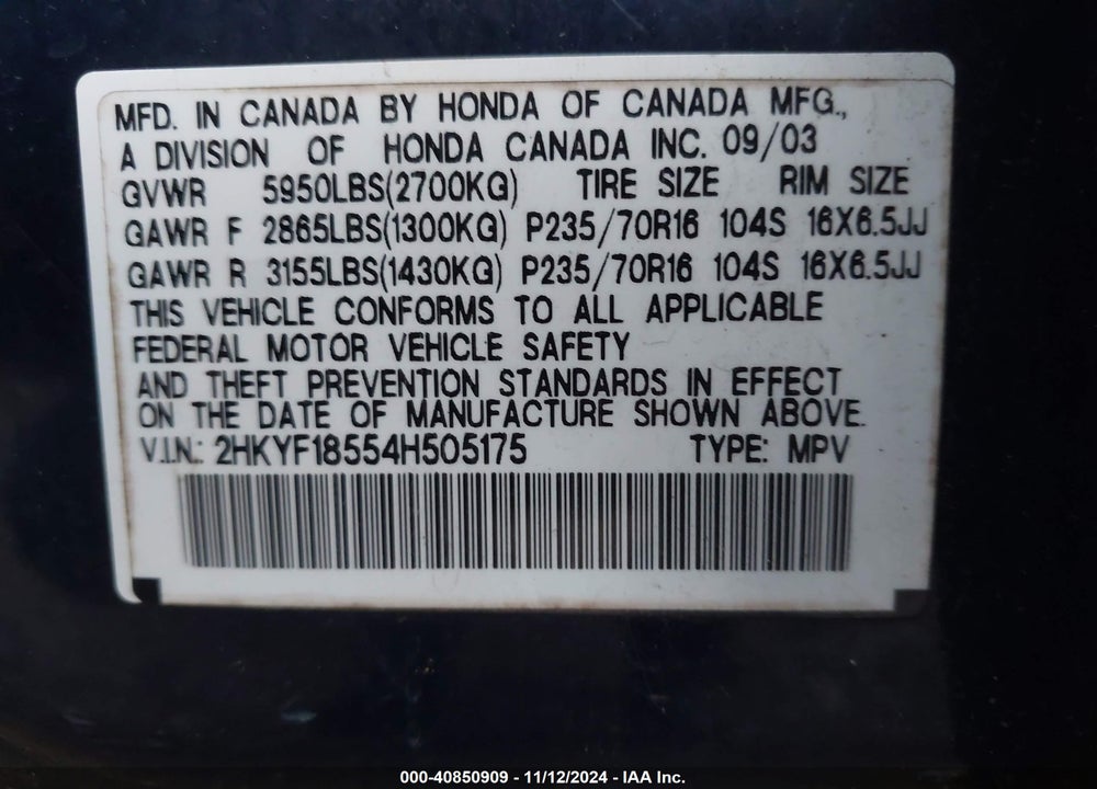 2004 HONDA PILOT EX-L VIN: 2HKYF18554H505175