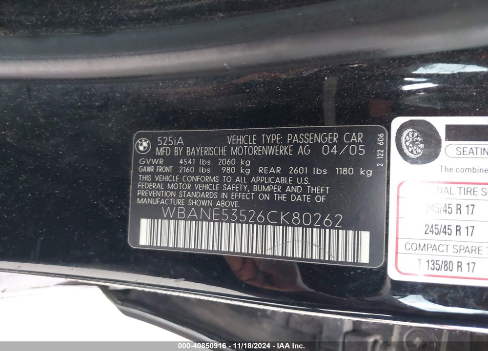 2006 BMW 525I VIN: WBANE53526CK80262