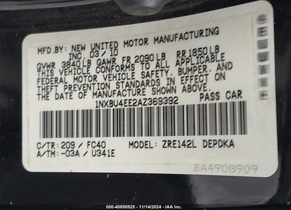 2010 TOYOTA COROLLA LE VIN: 1NXBU4EE2AZ369392