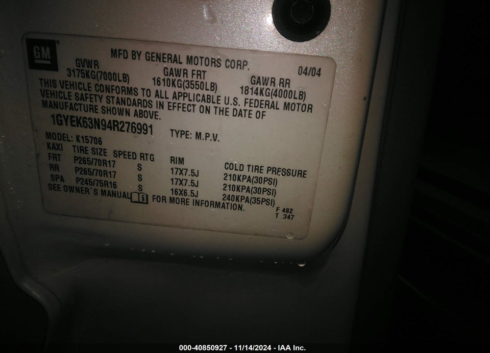 2004 CADILLAC ESCALADE STANDARD VIN: 1GYEK63N94R276991