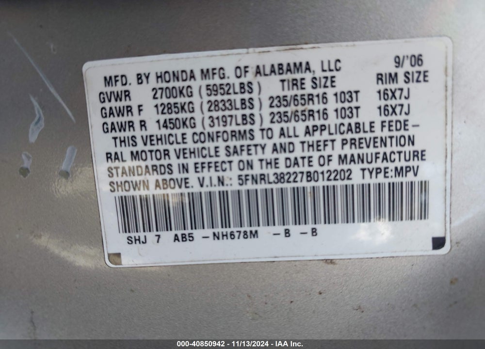 2007 HONDA ODYSSEY LX VIN: 5FNRL38227B012202
