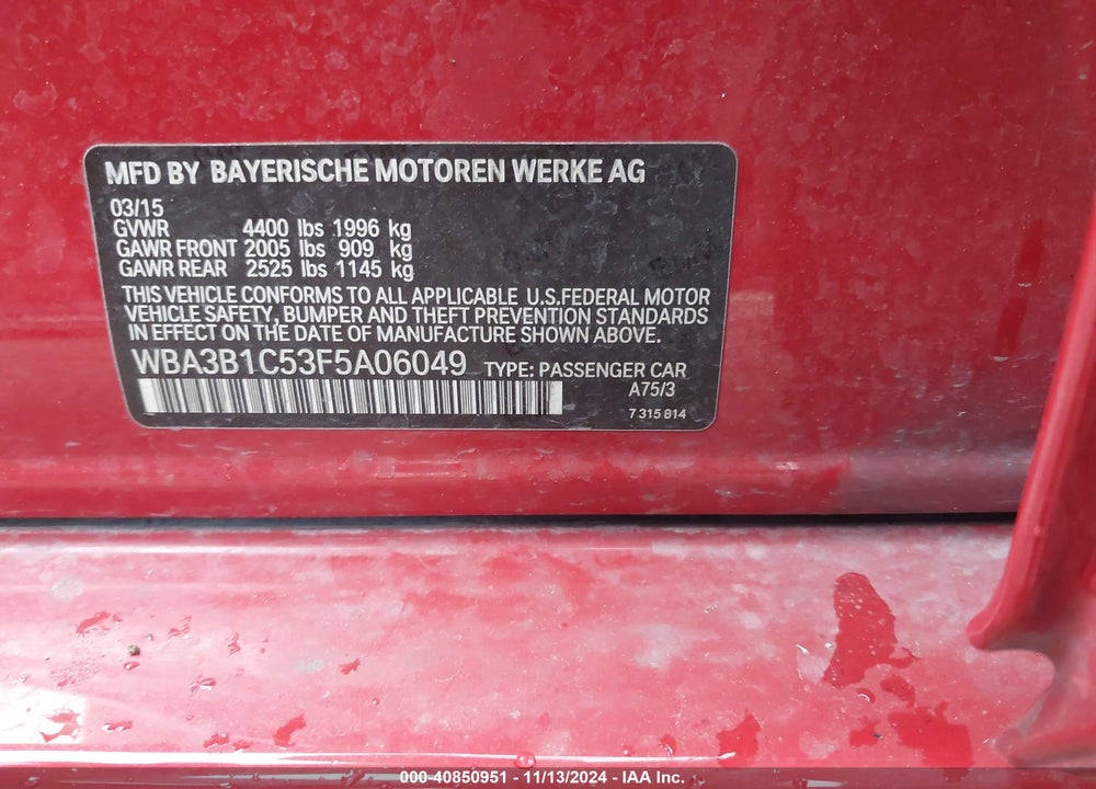 2015 BMW 320I VIN: WBA3B1C53F5A06049