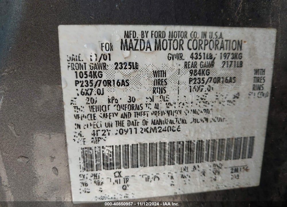2002 MAZDA TRIBUTE ES V6/LX V6 VIN: 4F2YU09112KM24006
