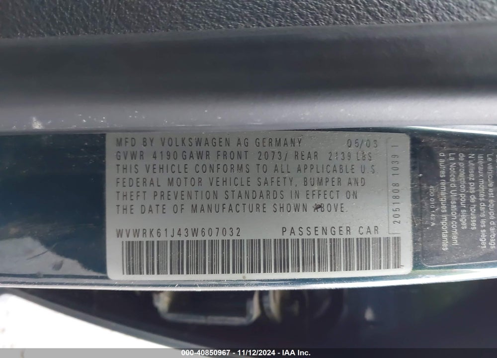 2003 VOLKSWAGEN JETTA GL VIN: WVWRK61J43W607032