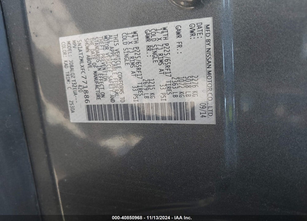 2015 NISSAN ROGUE SV VIN: 5N1AT2MLXFC771886