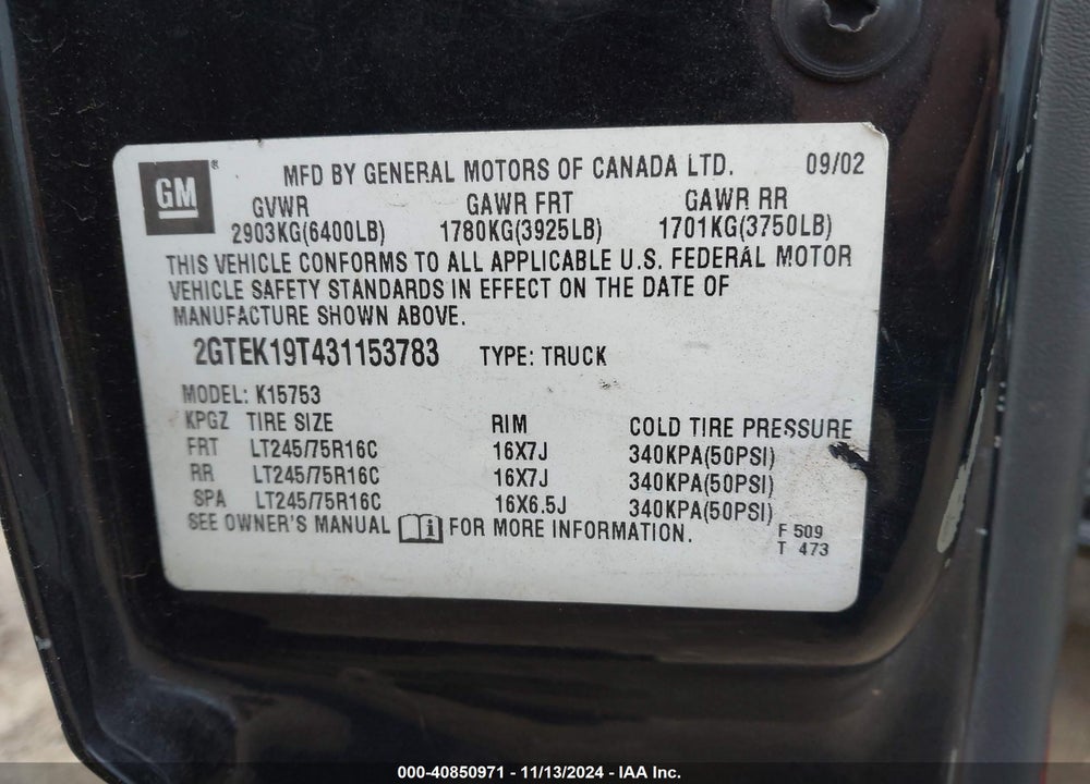 2003 GMC SIERRA 1500 SLE VIN: 2GTEK19T431153783
