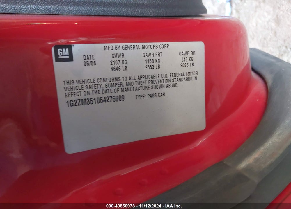2006 PONTIAC G6 GTP VIN: 1G2ZM351064276909