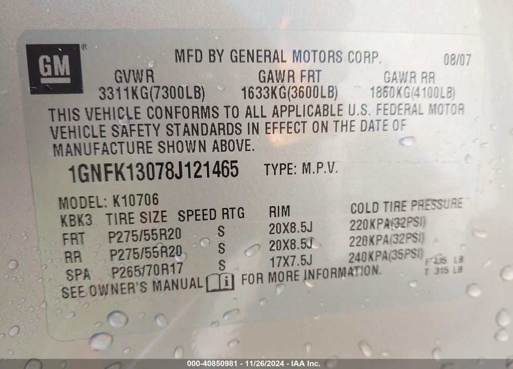2008 CHEVROLET TAHOE LT VIN: 1GNFK13078J121465