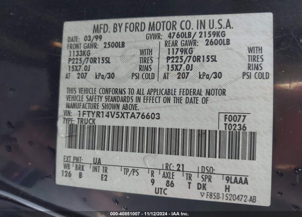 1999 FORD RANGER XL/XLT VIN: 1FTYR14V5XTA76603