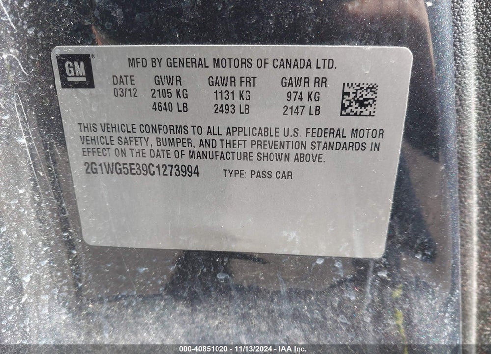 2012 CHEVROLET IMPALA LT VIN: 2G1WG5E39C1273994