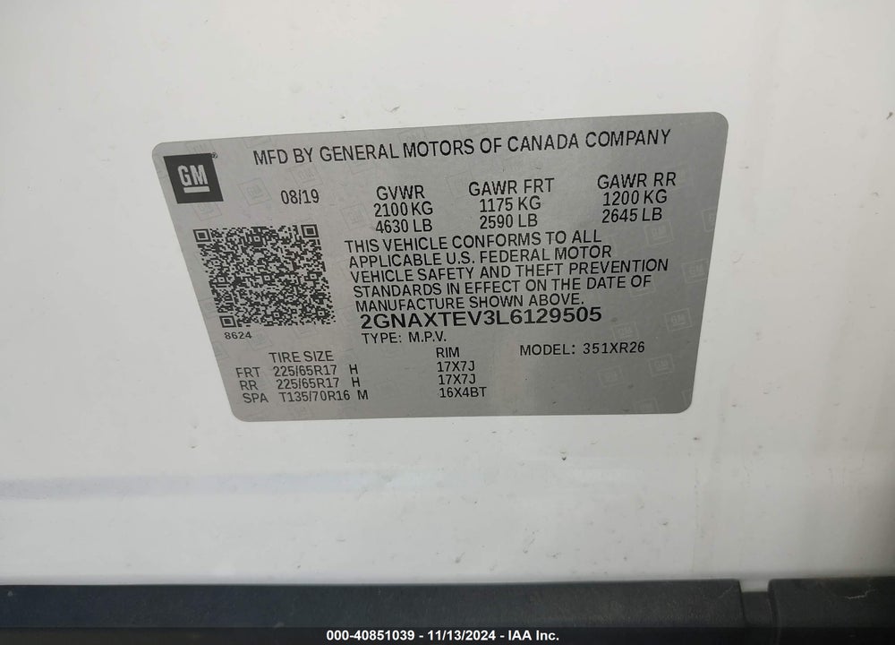 2020 CHEVROLET EQUINOX AWD 2FL VIN: 2GNAXTEV3L6129505