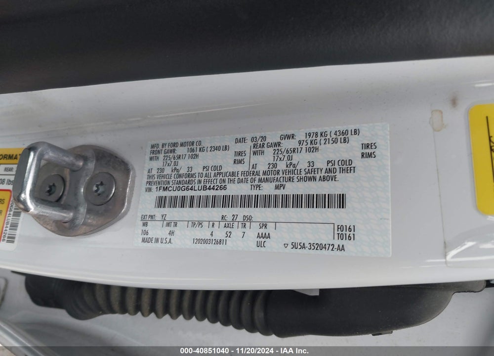 2020 FORD ESCAPE SE VIN: 1FMCU0G64LUB44266