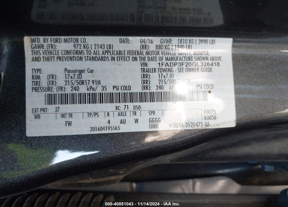 2016 FORD FOCUS SE VIN: 1FADP3F20GL326418