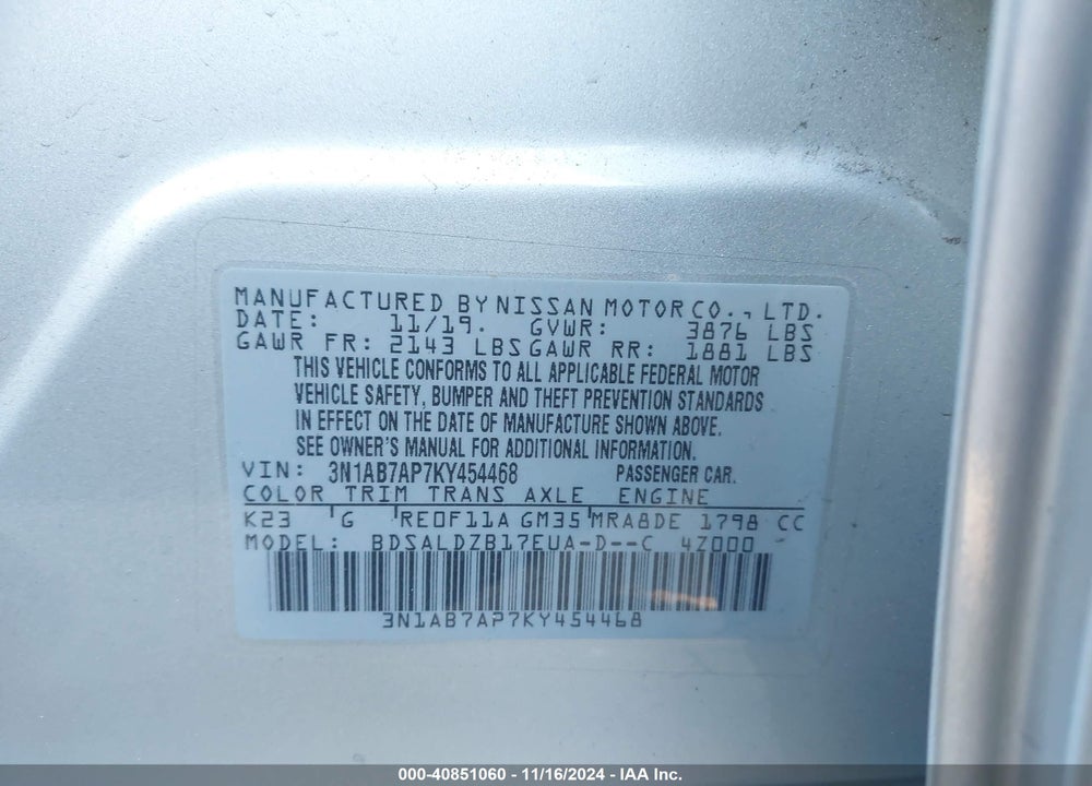 2019 NISSAN SENTRA SV VIN: 3N1AB7AP7KY454468