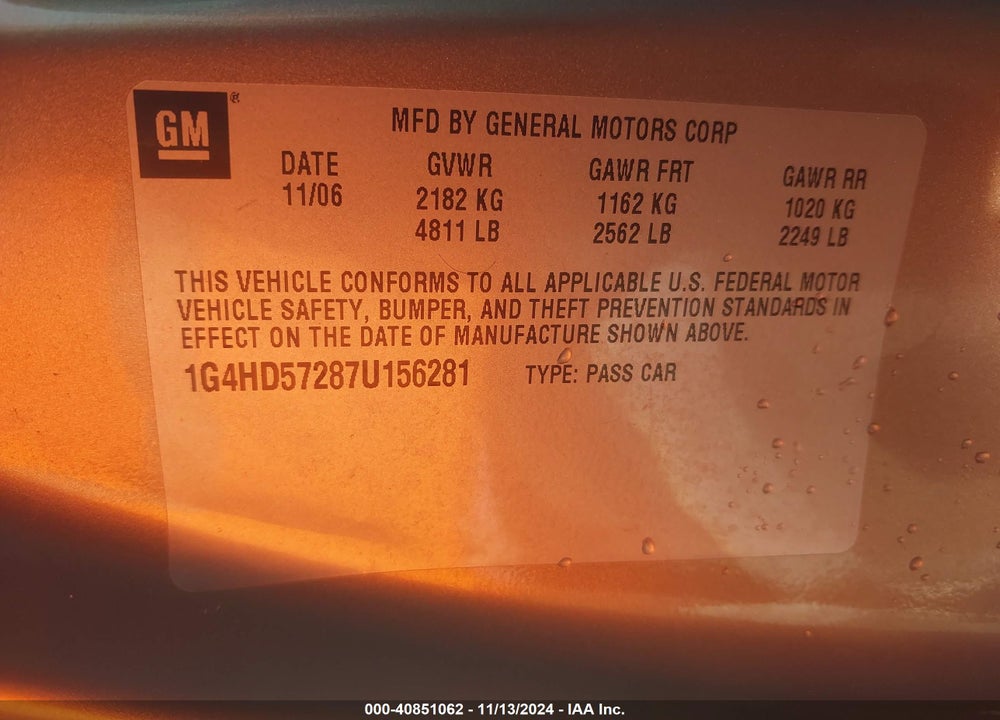 2007 BUICK LUCERNE CXL VIN: 1G4HD57287U156281