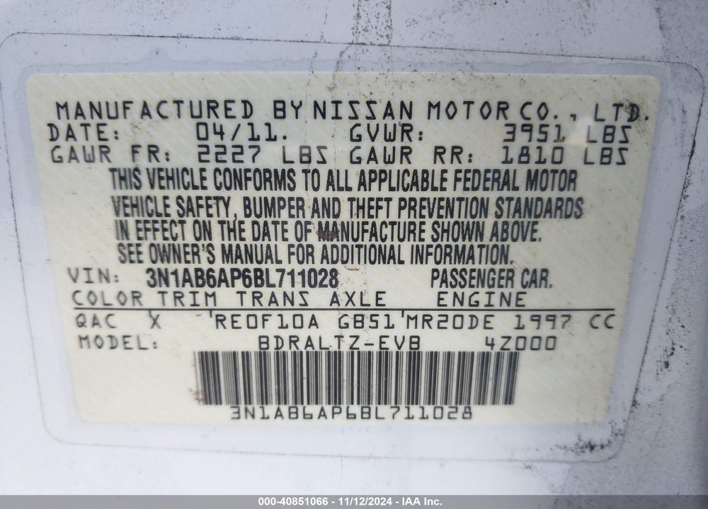 2011 NISSAN SENTRA 2.0SR VIN: 3N1AB6AP6BL711028