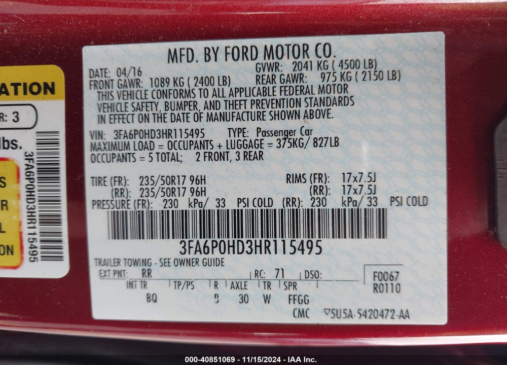 2017 FORD FUSION SE VIN: 3FA6P0HD3HR115495